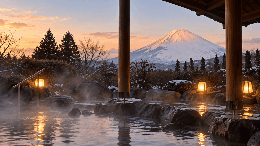 Outdoor hot spring bath at Hotel Green Plaza Hakone with steam rising and snow-capped Mount Fuji at sunrise