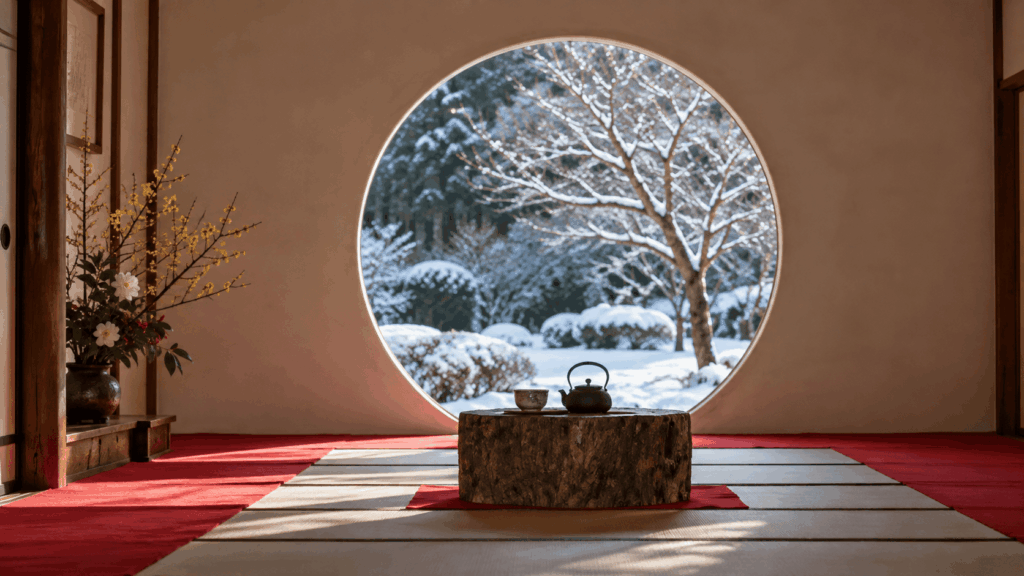 Snow-covered Japanese garden framed by a circular window inside a traditional room at Meigetsuin Temple in Kamakura