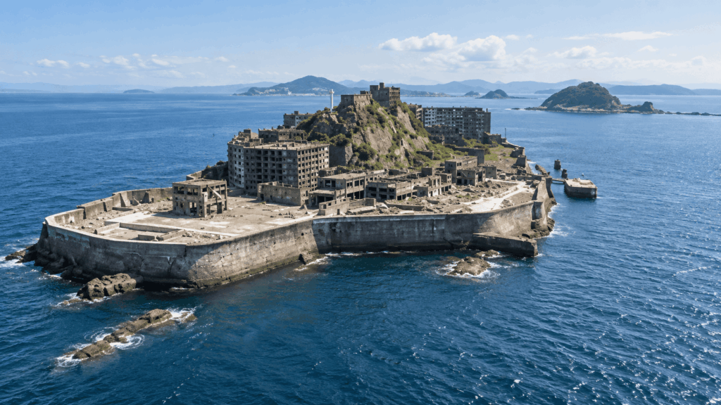 Aerial view of Hashima Island (Gunkanjima) in Nagasaki, showing abandoned concrete buildings surrounded by the blue sea