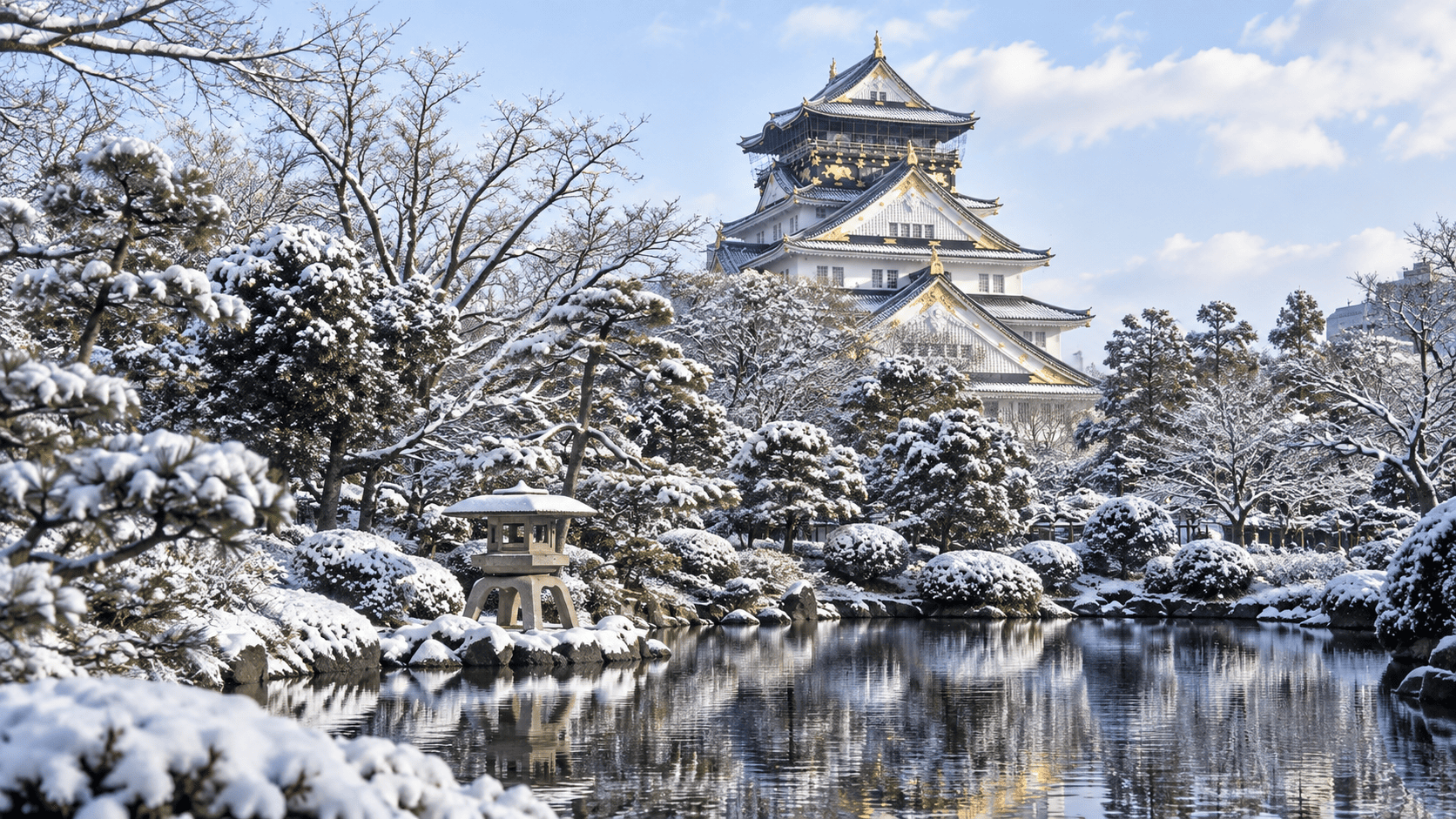 Osaka Castle surrounded by snow-covered trees and a Japanese garden with a reflecting pond in winter