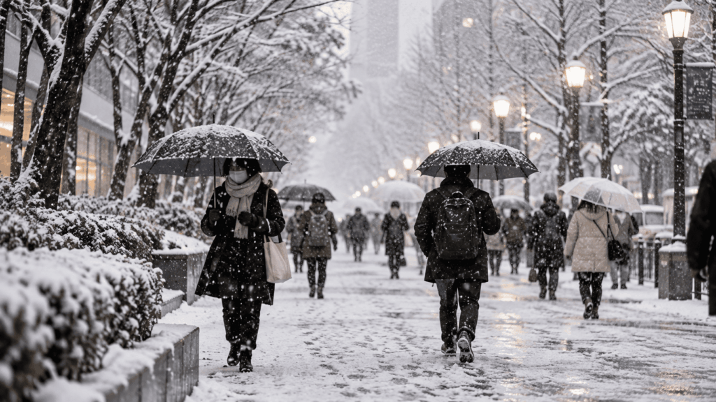 Snow falling on a tree-lined Tokyo street as pedestrians walk with umbrellas in winter