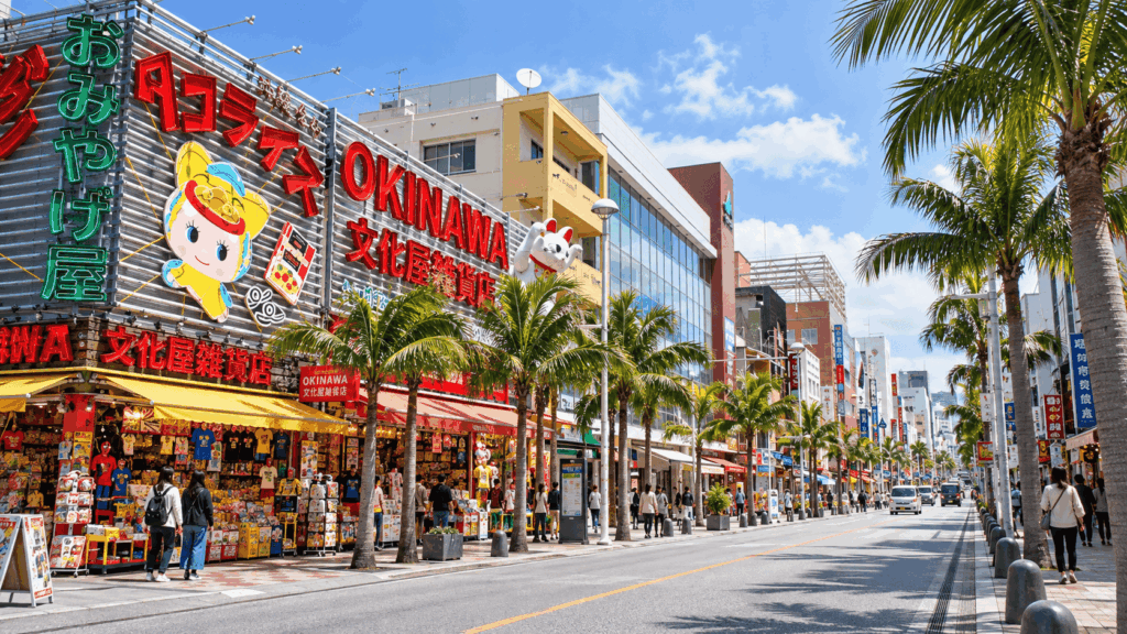 Palm-lined Kokusai Street in Naha, Okinawa, with colorful souvenir shops and pedestrians under a blue winter sky
