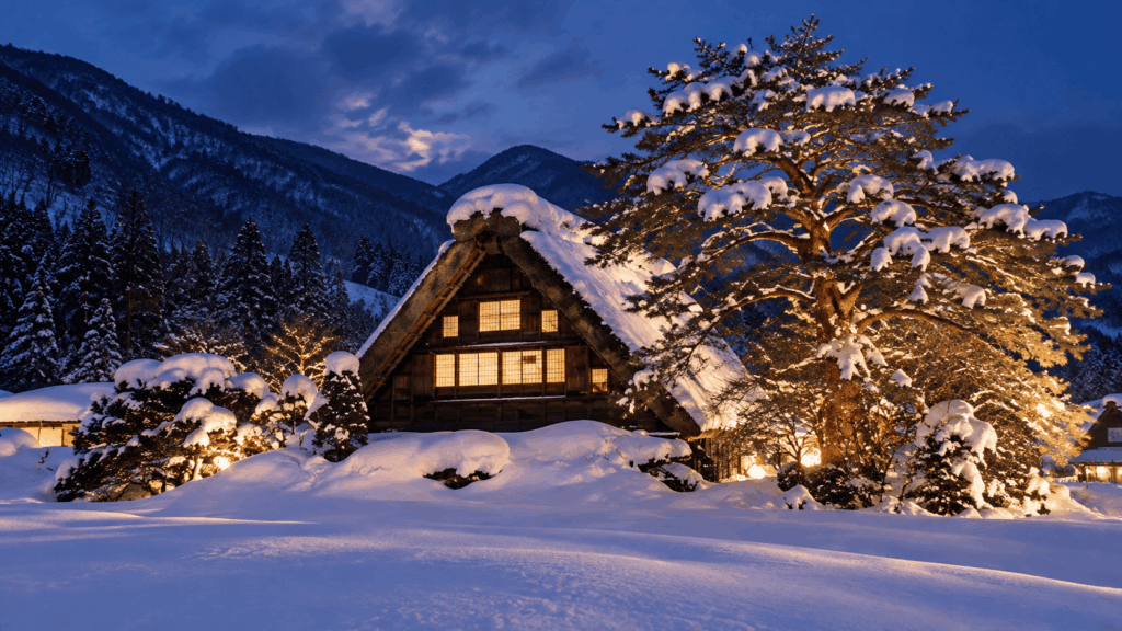 Traditional Wada House in Shirakawa-go surrounded by deep snow and illuminated trees at dusk