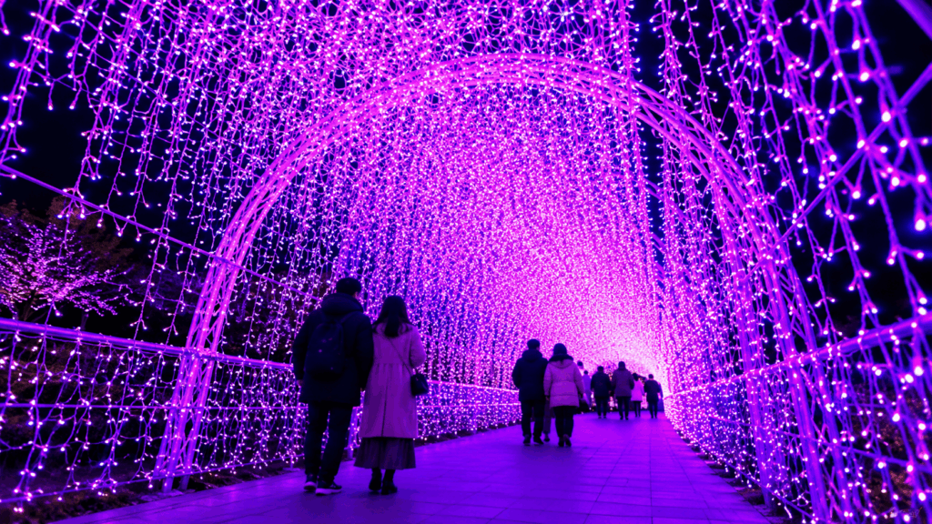 Visitors walking through a tunnel of purple and pink winter illuminations on Enoshima Island near Kamakura