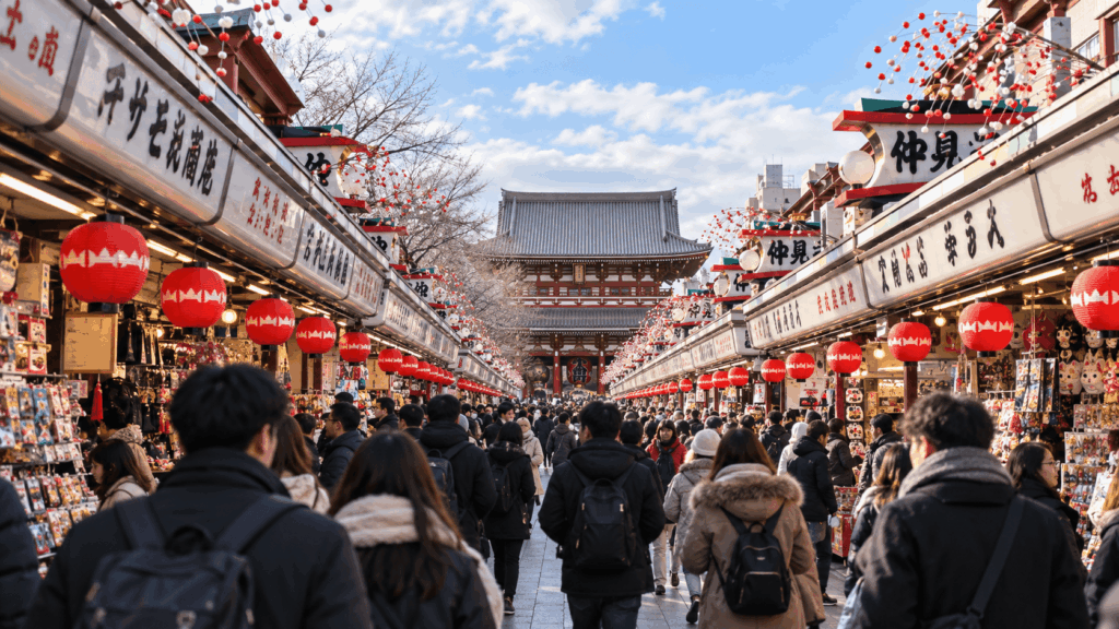 Crowds of visitors walking along Nakamise Shopping Street toward Sensoji Temple in Asakusa during winter