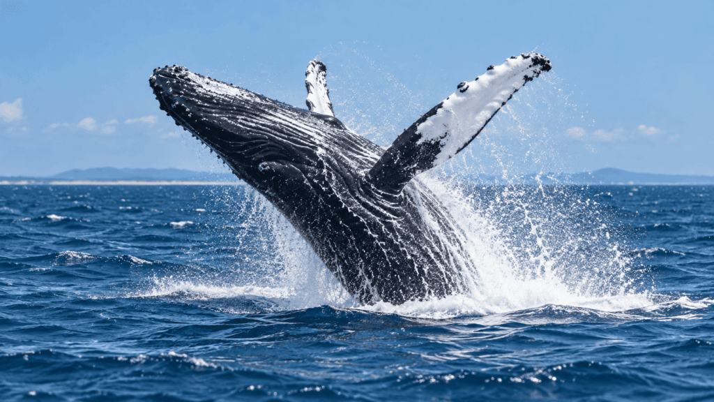 Humpback whale breaching out of the blue ocean during the winter whale-watching season in Okinawa