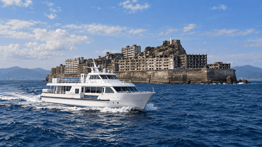 White sightseeing cruise boat passing the abandoned buildings of Gunkanjima Island in Nagasaki, Japan