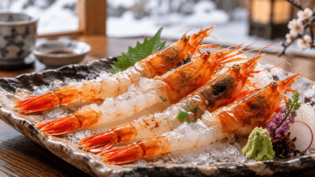 Fresh gasu ebi shrimp sashimi served on ice with wasabi and traditional Japanese garnishes in Kanazawa