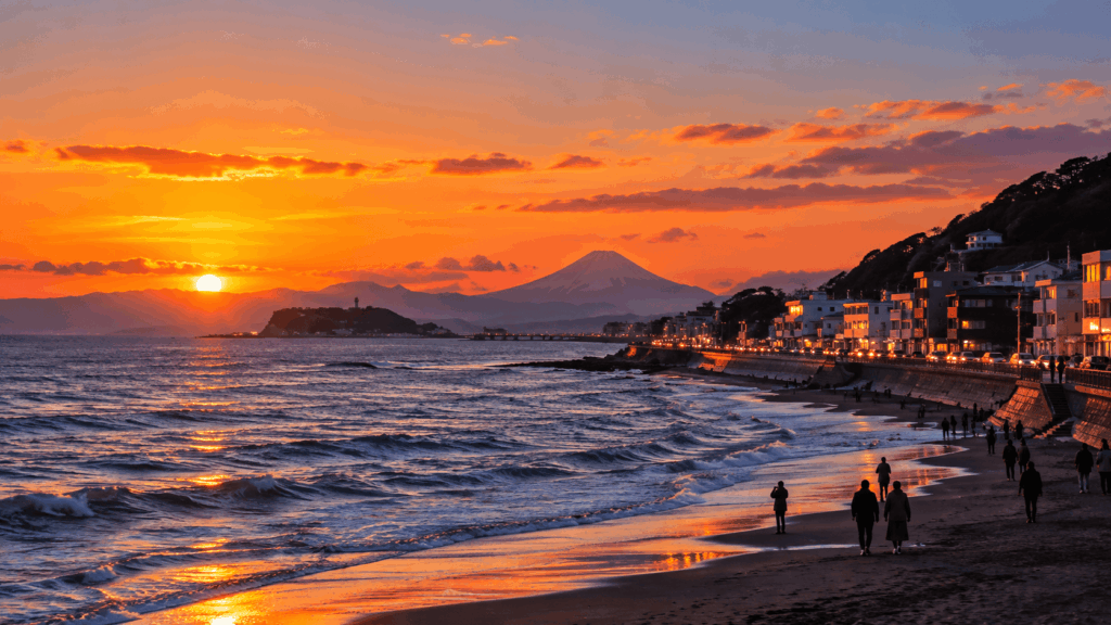 Mount Fuji and Enoshima silhouetted against a vivid orange sunset over the winter coastline of Kamakura