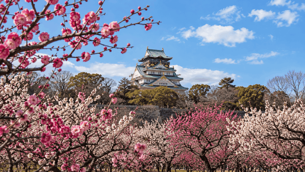 Pink and white plum blossoms blooming in Osaka Castle Park with Osaka Castle in the background on a sunny winter day