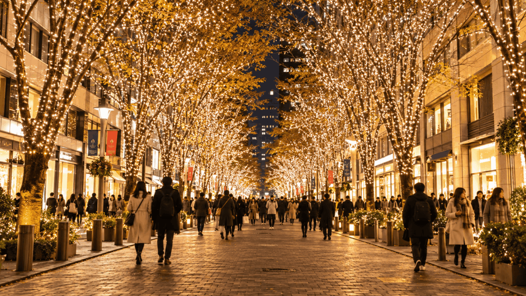 Golden winter illuminations lighting up Marunouchi streets in Tokyo at night