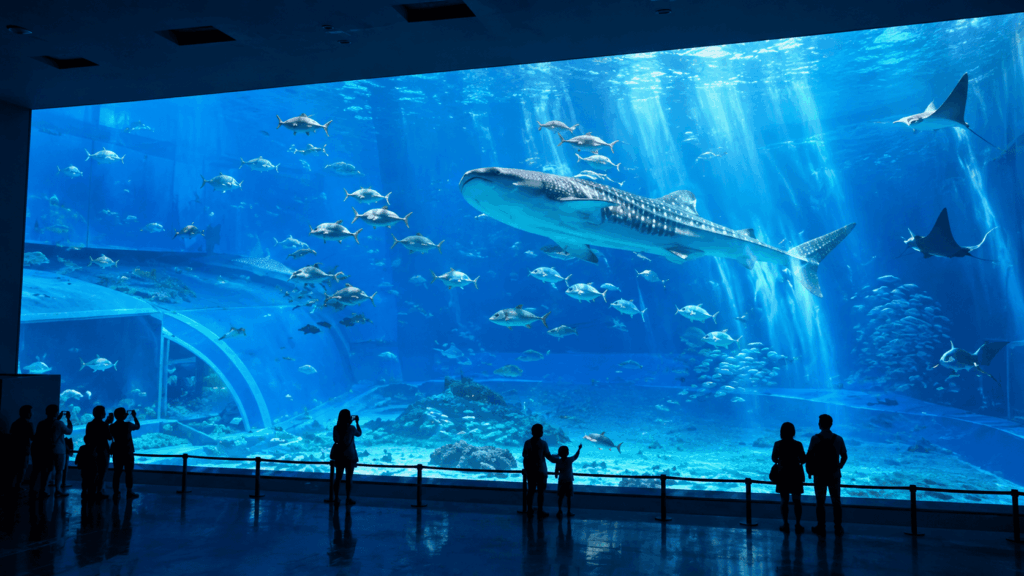 Whale shark swimming among tropical fish and manta rays in the giant Kuroshio Sea tank at Okinawa Churaumi Aquarium