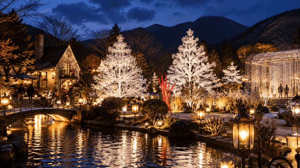Sparkling winter crystal illuminations lighting up trees and gardens at the Hakone Venetian Glass Museum at night