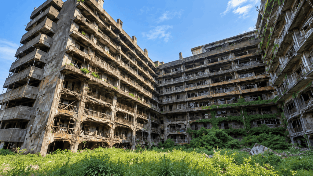 Abandoned concrete apartment buildings surrounding an overgrown courtyard on Hashima Island (Gunkanjima), Nagasaki