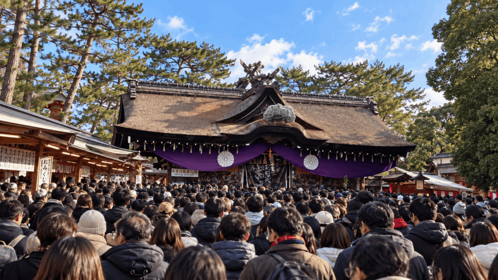 Large crowds of New Year worshippers gathering at Sumiyoshi Taisha Shrine in Osaka for hatsumode