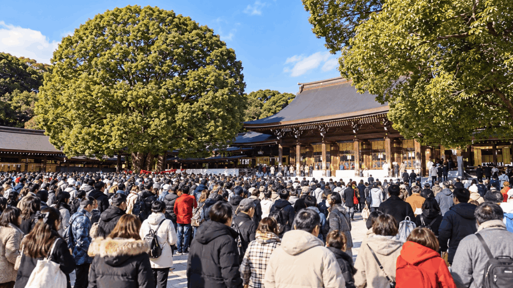 Large crowds of New Year worshippers visiting Meiji Jingu Shrine in Tokyo for hatsumode