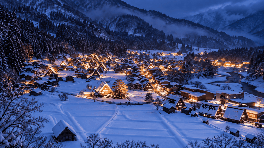 Shirakawa-go village illuminated at night with warm lights glowing from snow-covered gassho-zukuri houses