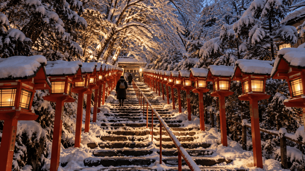 Snow-covered stone steps lined with glowing red lanterns at Kifune Shrine in Kyoto on a winter evening