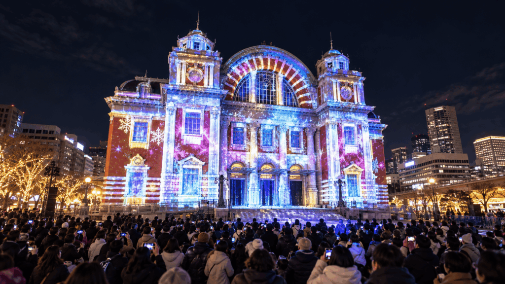 Colorful winter projection mapping illuminating Osaka City Central Public Hall during the Osaka Hikari Renaissance festival