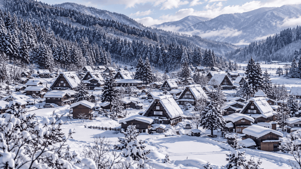 Snow-covered gassho-zukuri farmhouses nestled among forested mountains in Shirakawa-go on a clear January day