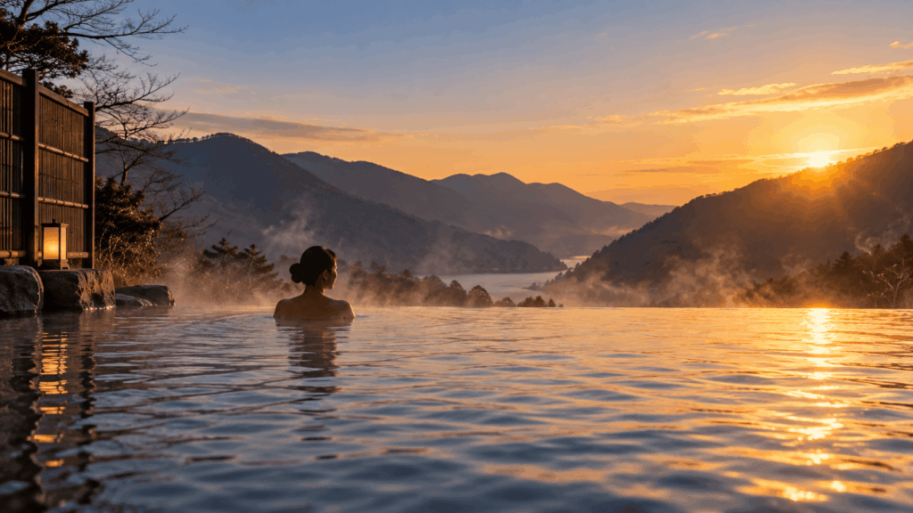 Woman relaxing in a steaming outdoor onsen overlooking Hakone's mountains and a golden winter sunrise