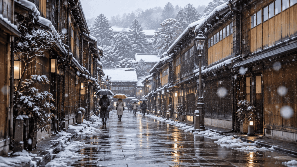 Snow falling on a traditional street lined with wooden teahouses and glowing lanterns in Kanazawa's Higashi Chaya District