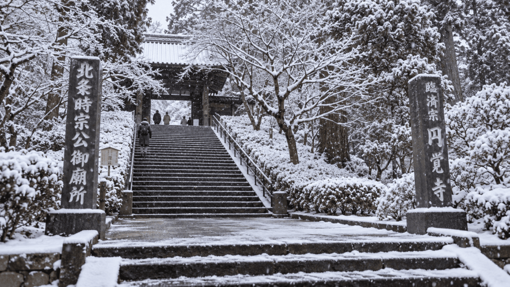 Snow-covered stone steps leading to the Sanmon Gate of Engakuji Temple in Kita-Kamakura during winter
