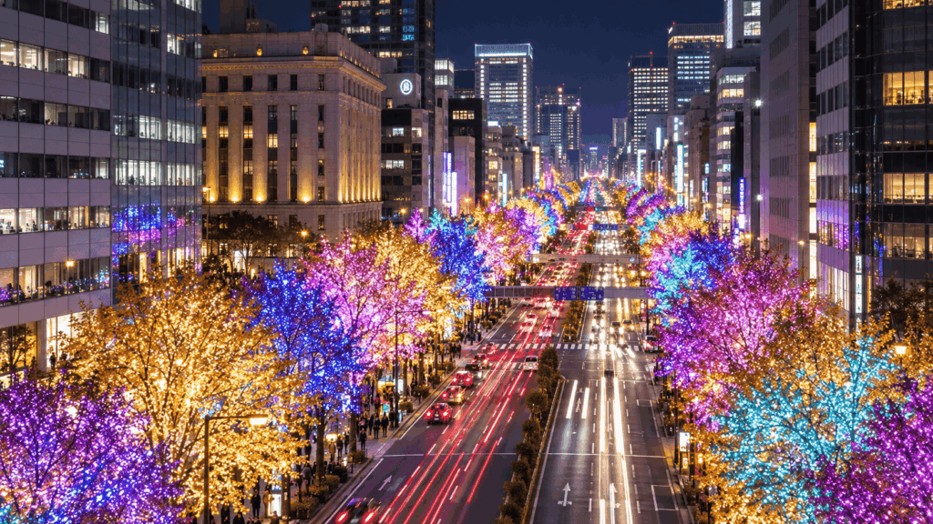 Aerial night view of Midosuji Avenue in Osaka decorated with colorful winter illuminations along the busy city street