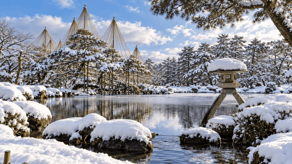 Snow-covered pine trees supported by traditional yukitsuri ropes beside a pond and stone lantern in Kenrokuen Garden, Kanazawa