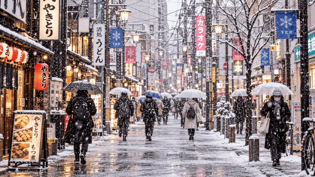 Snow falling on a shopping street in Shimokitazawa, Tokyo, as pedestrians walk past Japanese restaurants with umbrellas