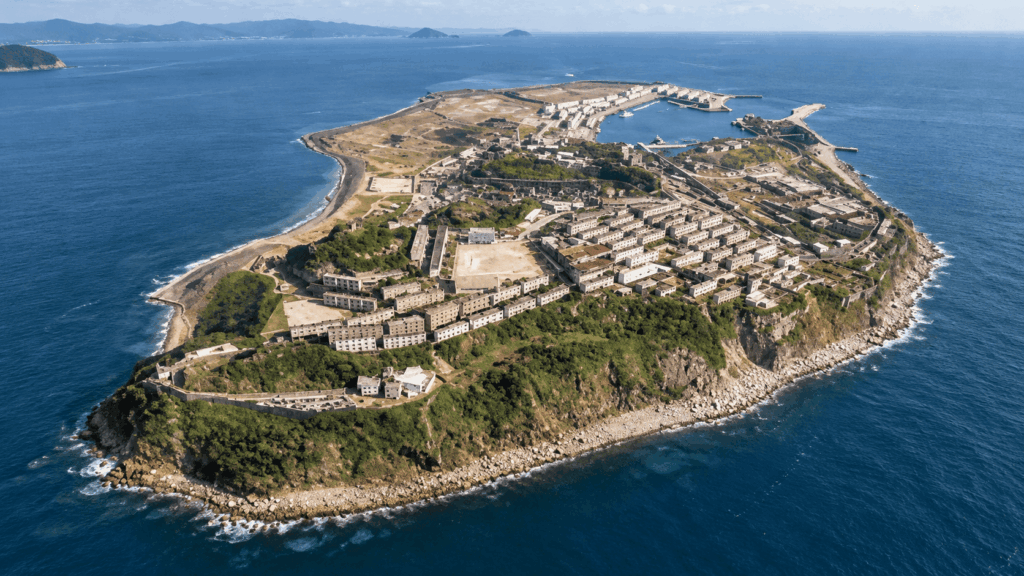 Aerial view of Ikeshima Island in Nagasaki, showing coastal ruins, former mining facilities and the surrounding blue ocean