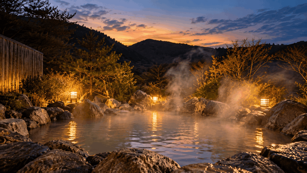 Outdoor Japanese hot spring bath surrounded by natural rocks and forested mountains at sunset in Unzen Onsen, Nagasaki