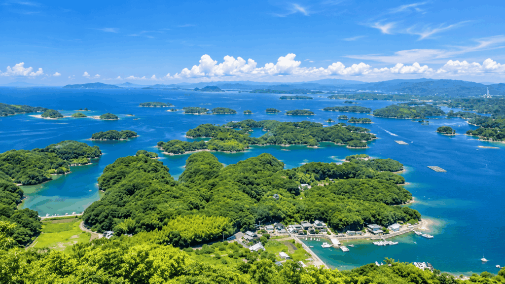 Panoramic view of the Kujukushima Islands near Sasebo, with dozens of green islands scattered across the deep blue sea