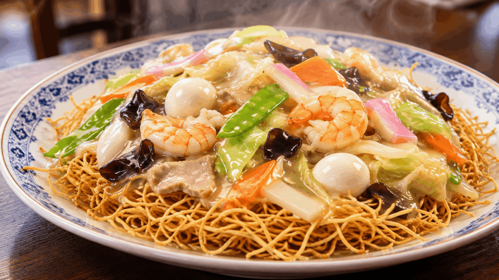Nagasaki sara udon with crispy thin noodles topped with shrimp, vegetables, mushrooms, and thick savory seafood sauce