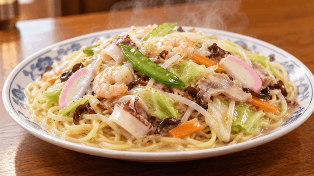 Nagasaki-style thick noodle sara udon topped with shrimp, squid, pork, cabbage, and vegetables in a savory sauce