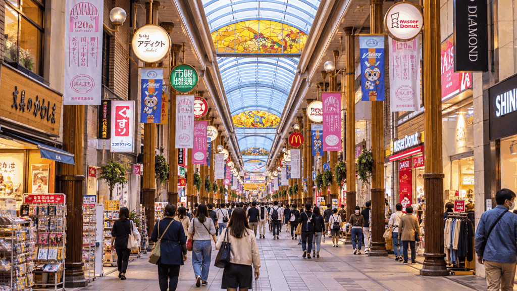 Busy Hamamachi Arcade shopping street in central Nagasaki, with shoppers, colorful stained-glass ceilings, and numerous stores
