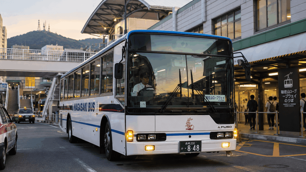 Nagasaki Bus near a ropeway access bus stop, with the Mount Inasa Ropeway boarding area and station buildings in the background