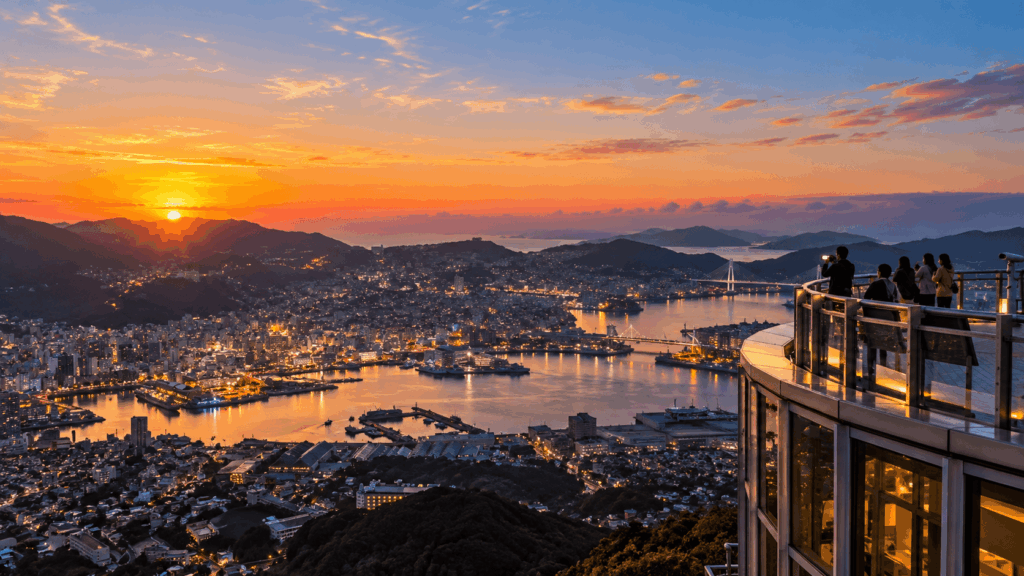 Sunset panorama of Nagasaki Harbor from the Mount Inasa observation deck, with visitors watching the city lights and orange sky