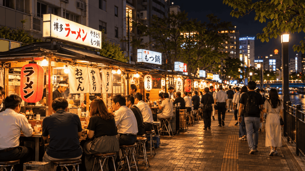 Bustling Fukuoka yatai food stalls at night, with diners enjoying ramen and street food beneath glowing lanterns