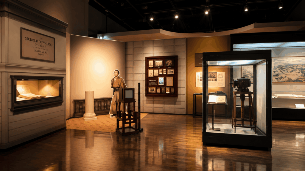 Historical exhibition at the Nagasaki Museum of History and Culture, featuring old books, photographs, and a vintage camera display